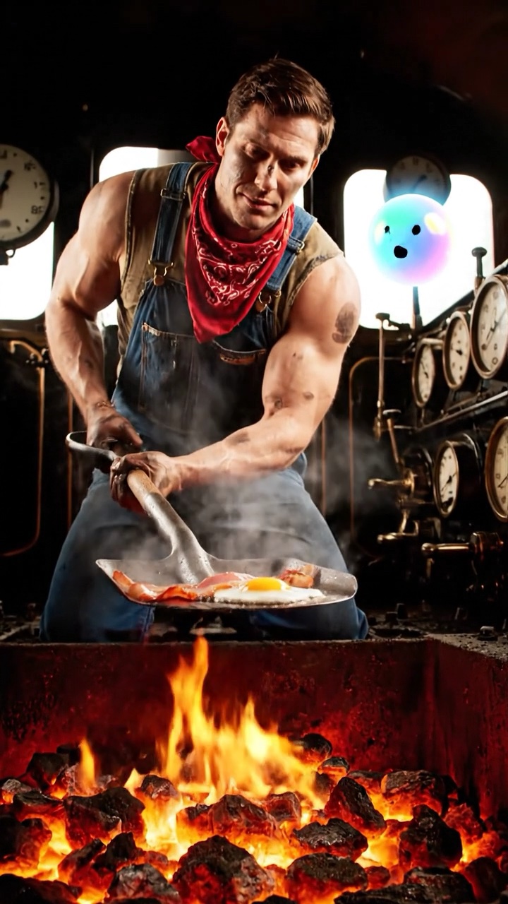 Steam Locomotive Fireman Cooking on a Coal Shovel