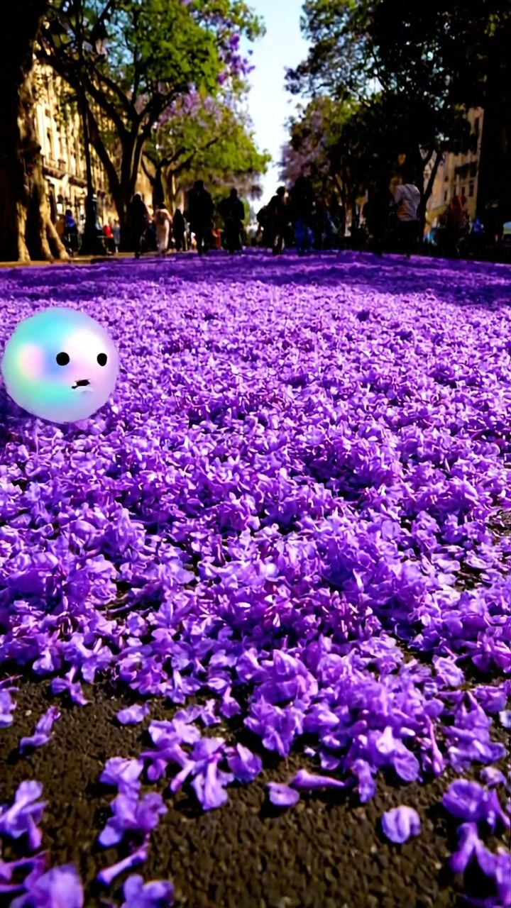 Alfombras moradas en el asfalto
